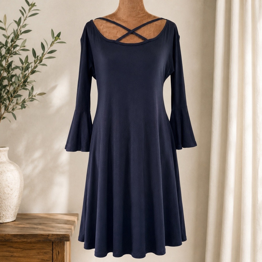24seven Comfort Apparel Dress Women Medium Black Bell Sleeve Crisscross NWT